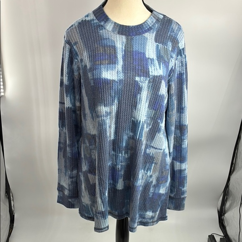 LOGO Lounge Womens Top Size M Blue Abstract Print Waffle Knit Long Sleeve
